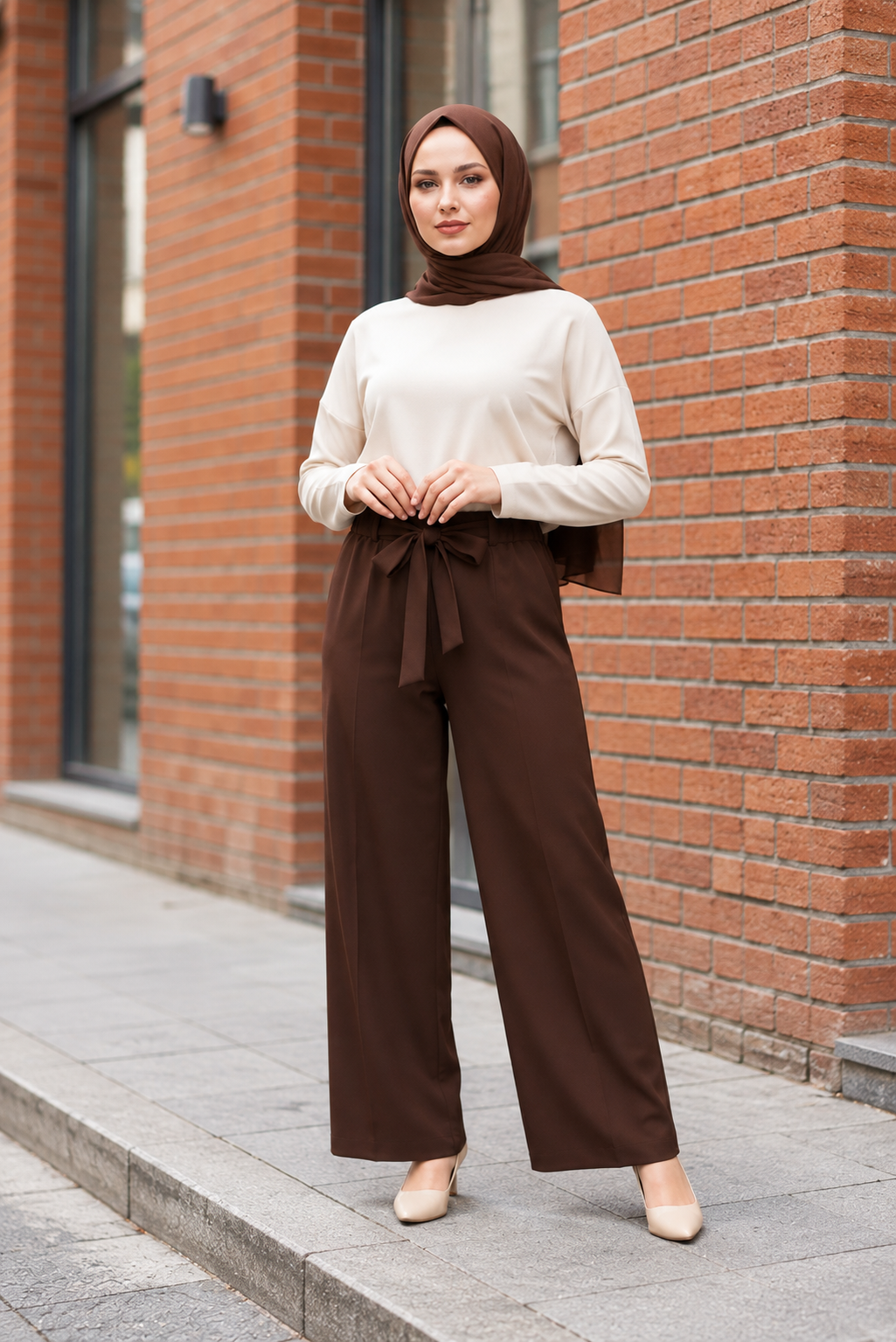 Beli Lastikli Kuşaklı Bol Paça Double Pantolon